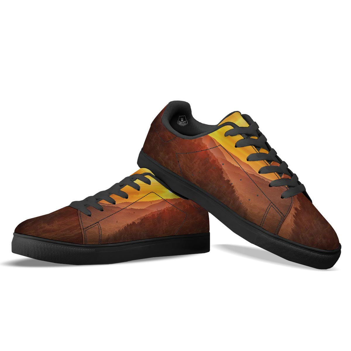 Mountain Sunset Print Black Low Top Sneakers-grizzshop