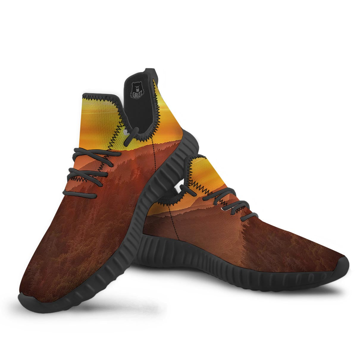 Mountain Sunset Print Black Walking Shoes-grizzshop