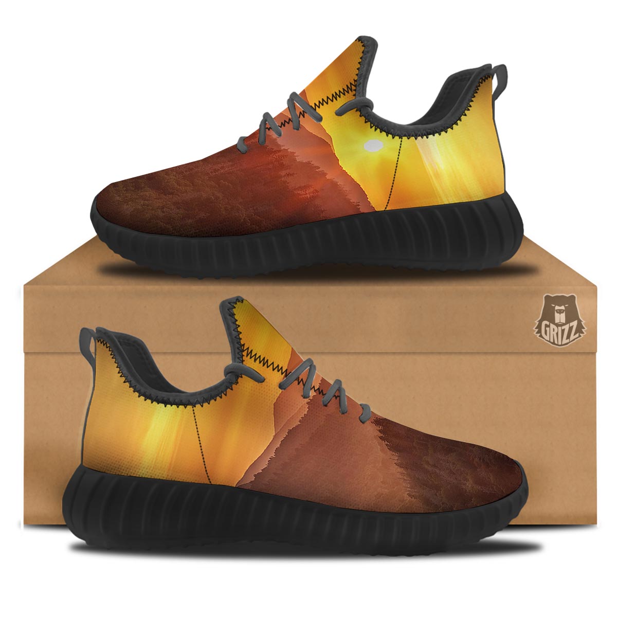 Mountain Sunset Print Black Walking Shoes-grizzshop