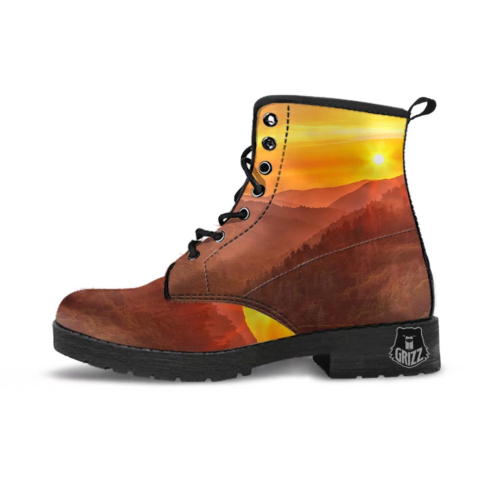 Mountain Sunset Print Leather Boots-grizzshop