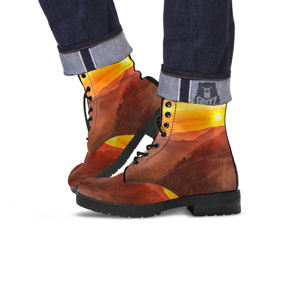 Mountain Sunset Print Leather Boots-grizzshop
