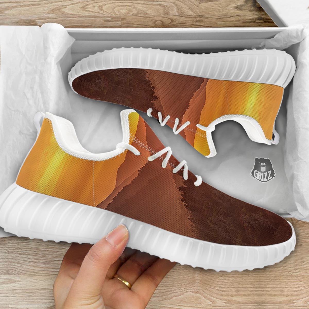 Mountain Sunset Print White Walking Shoes-grizzshop