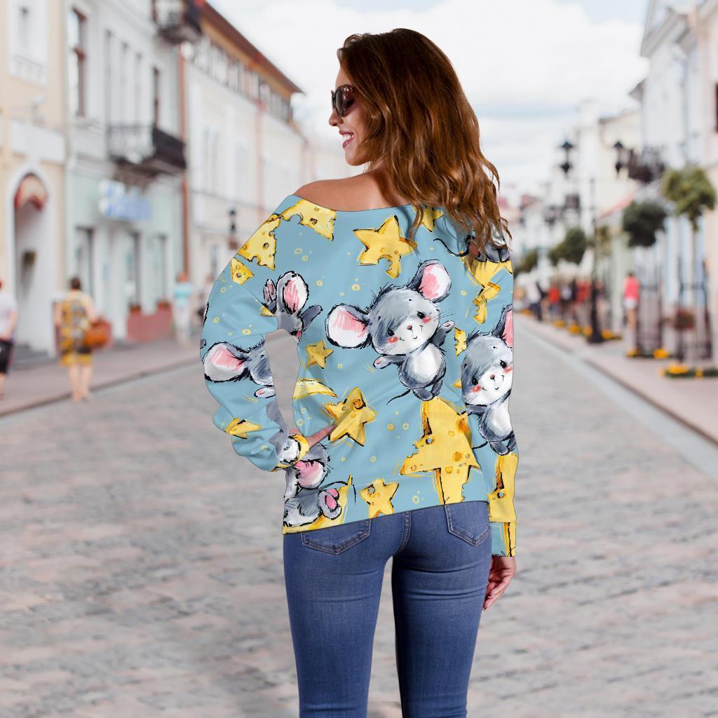 Mouse Cheese Pattern Print Women Off Shoulder Sweatshirt-grizzshop