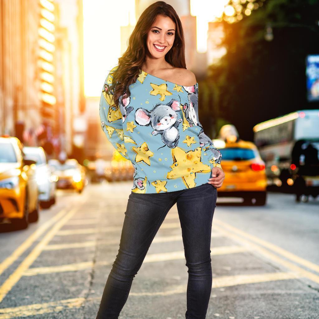 Mouse Cheese Pattern Print Women Off Shoulder Sweatshirt-grizzshop
