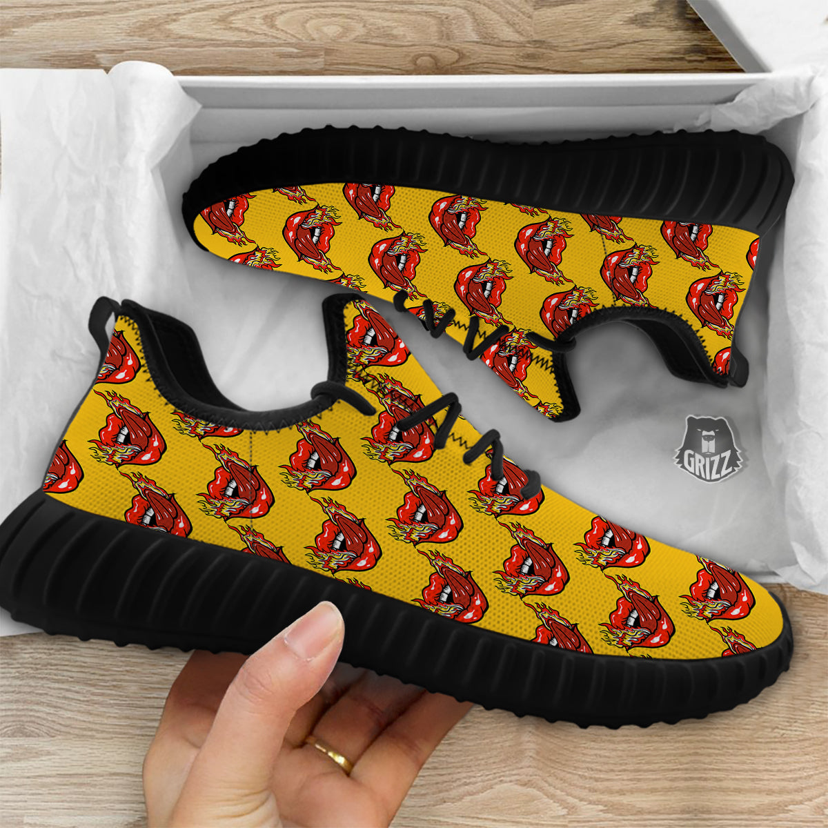 Mouth And Tongue Sticking Fire Print Pattern Black Walking Shoes-grizzshop