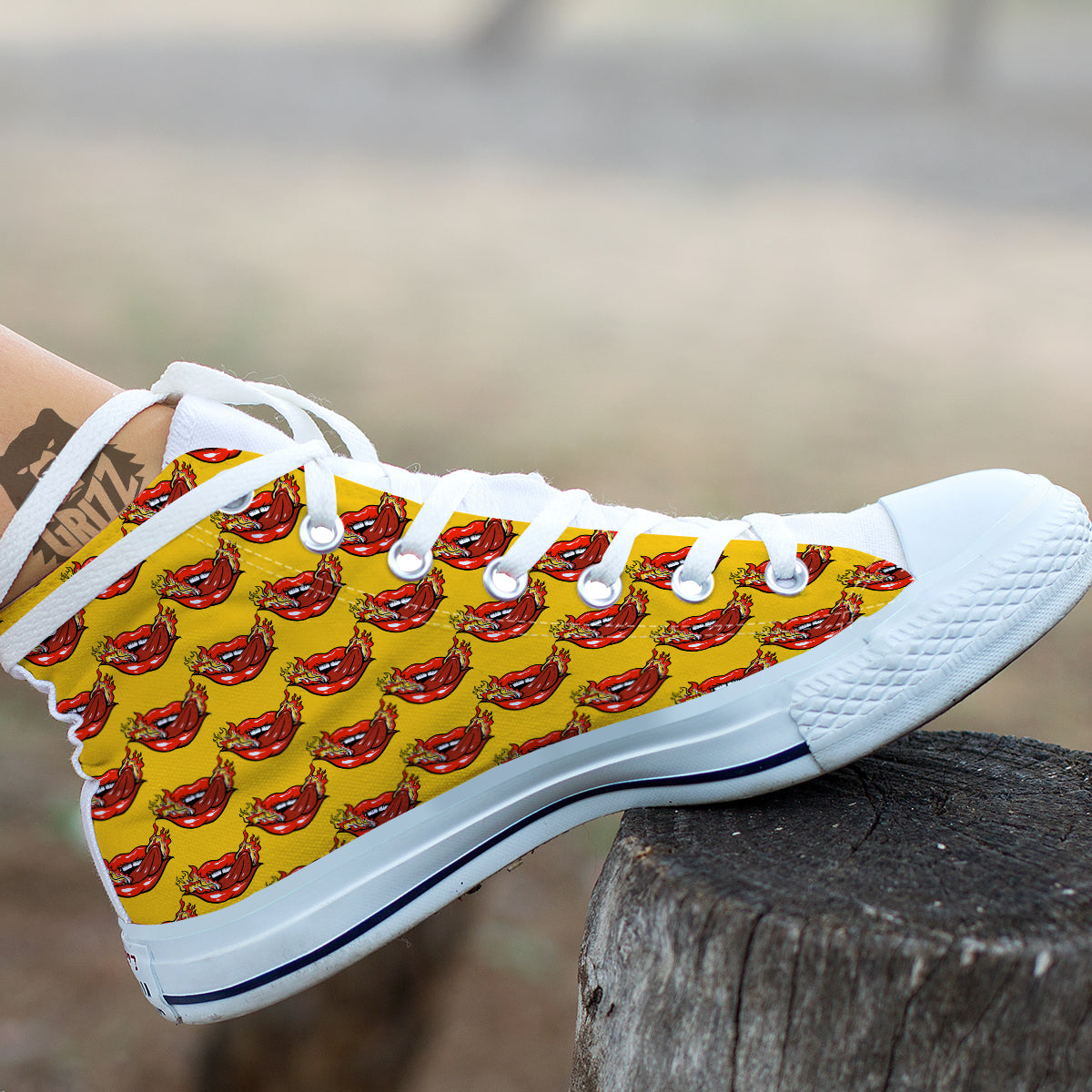 Mouth And Tongue Sticking Fire Print Pattern White High Top Shoes-grizzshop