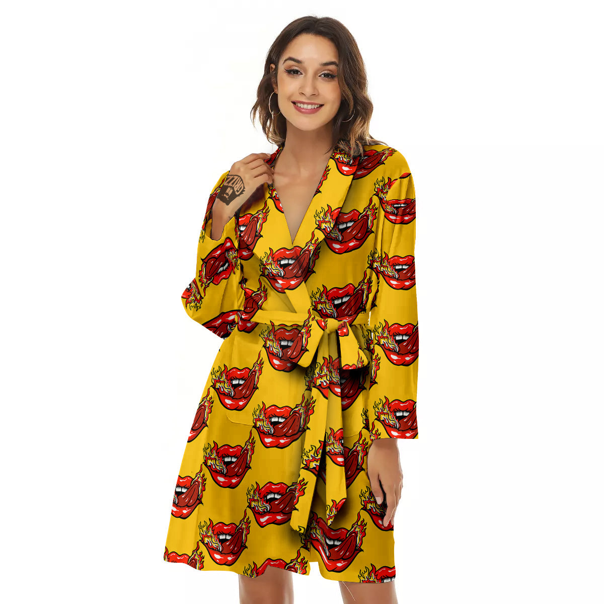 Mouth And Tongue Sticking Fire Print Pattern Women's Robe-grizzshop