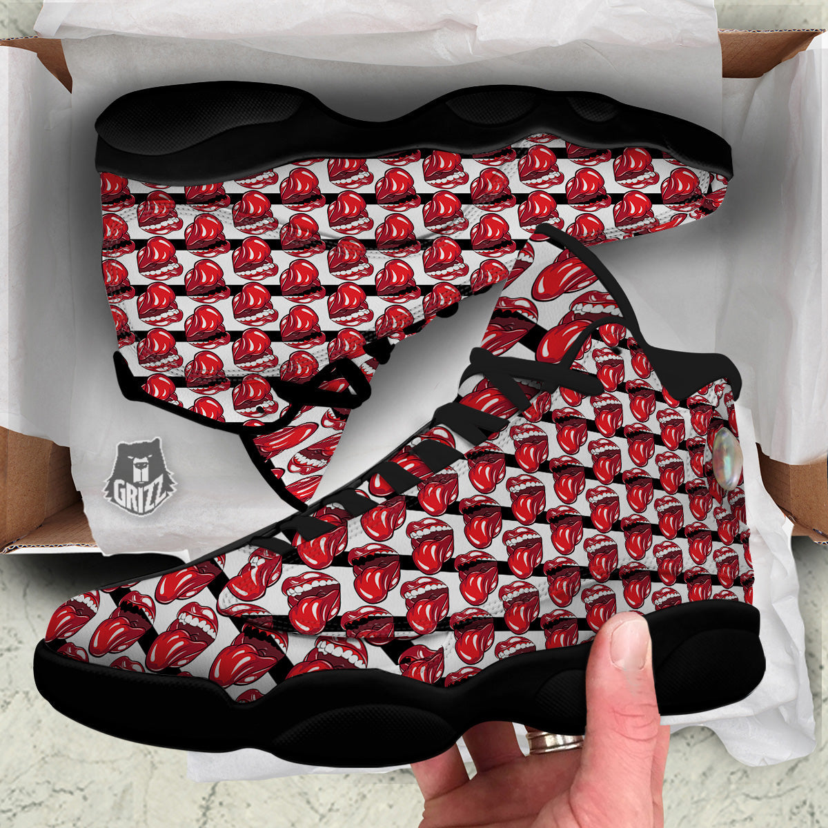 Mouth And Tongue Stripe Print Pattern Black Basketball Shoes-grizzshop