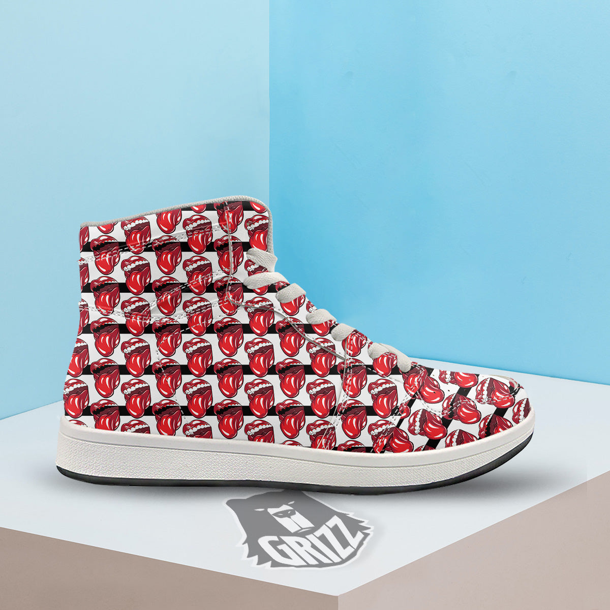 Mouth And Tongue Stripe Print Pattern High Top Sneakers-grizzshop