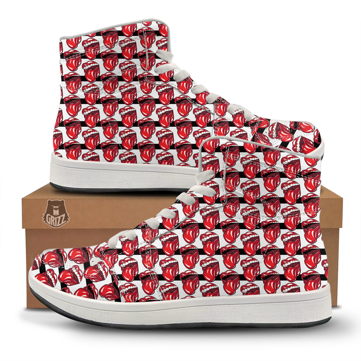 Mouth And Tongue Stripe Print Pattern High Top Sneakers-grizzshop