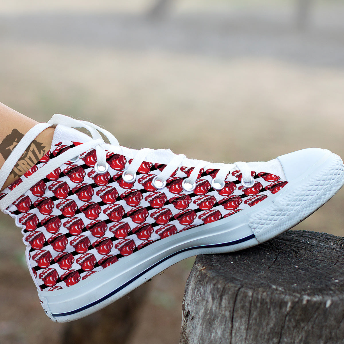 Mouth And Tongue Stripe Print Pattern White High Top Shoes-grizzshop