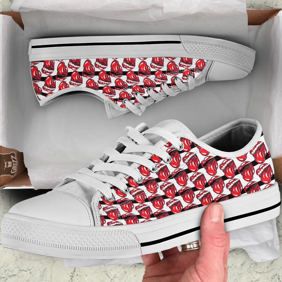 Mouth And Tongue Stripe Print Pattern White Low Top Shoes-grizzshop