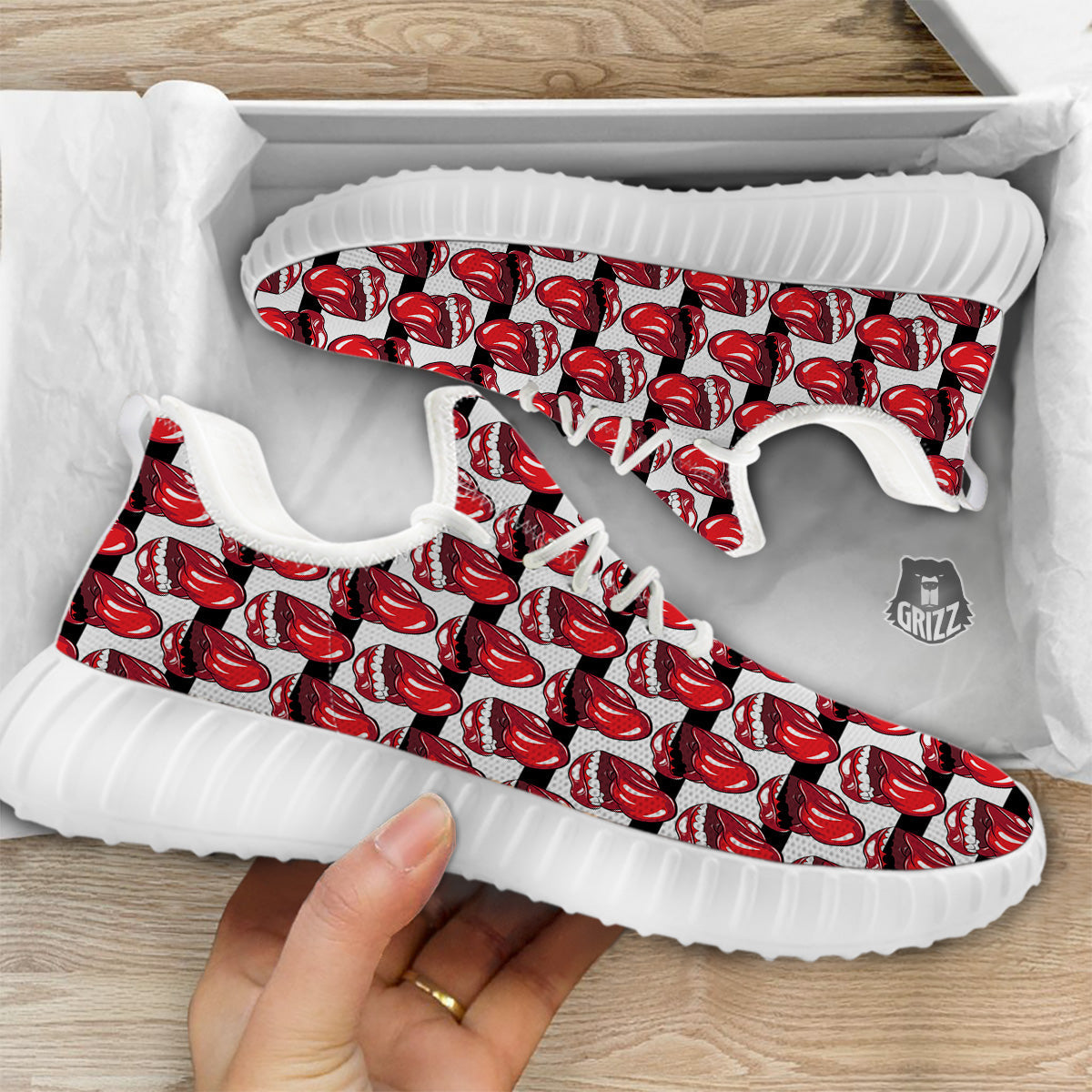 Mouth And Tongue Stripe Print Pattern White Walking Shoes-grizzshop