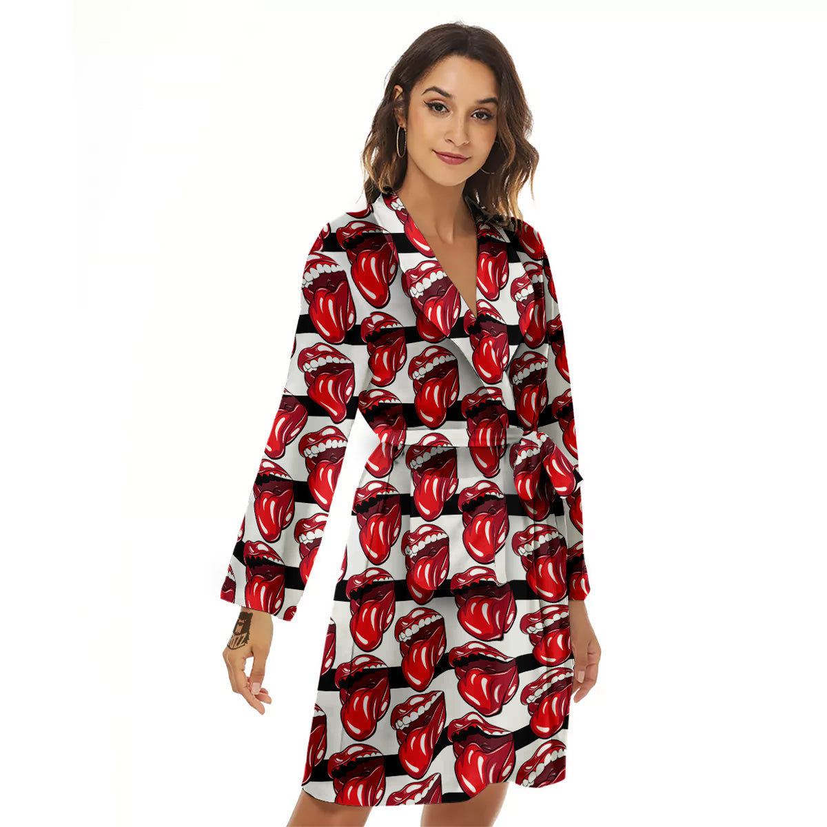 Mouth And Tongue Stripe Print Pattern Women's Robe-grizzshop