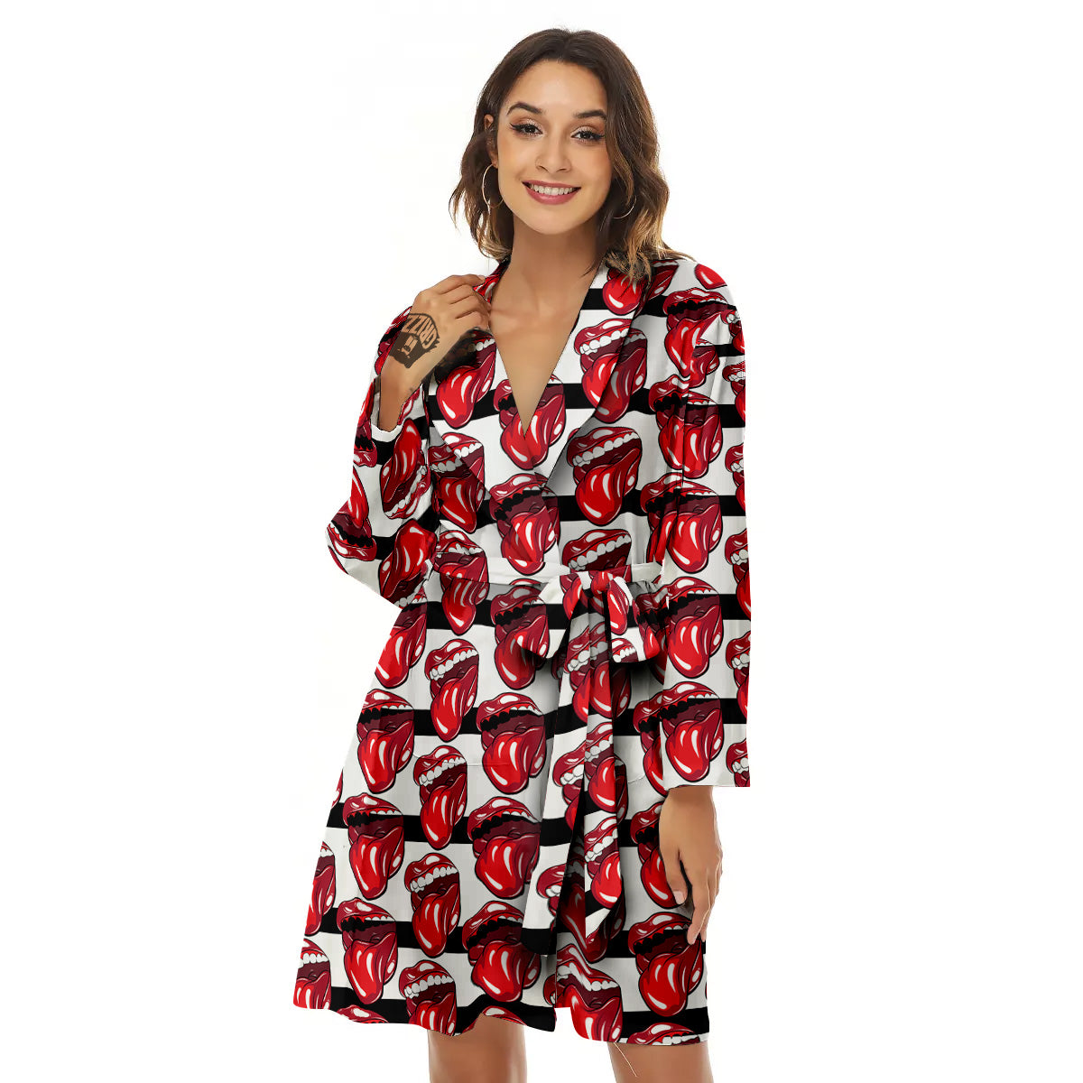 Mouth And Tongue Stripe Print Pattern Women's Robe-grizzshop