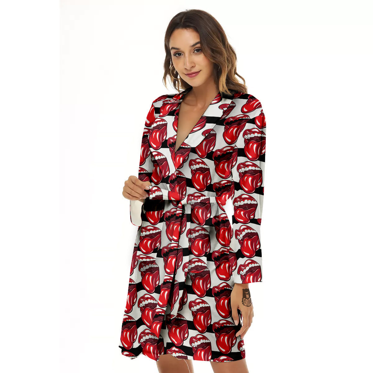 Mouth And Tongue Stripe Print Pattern Women's Robe-grizzshop
