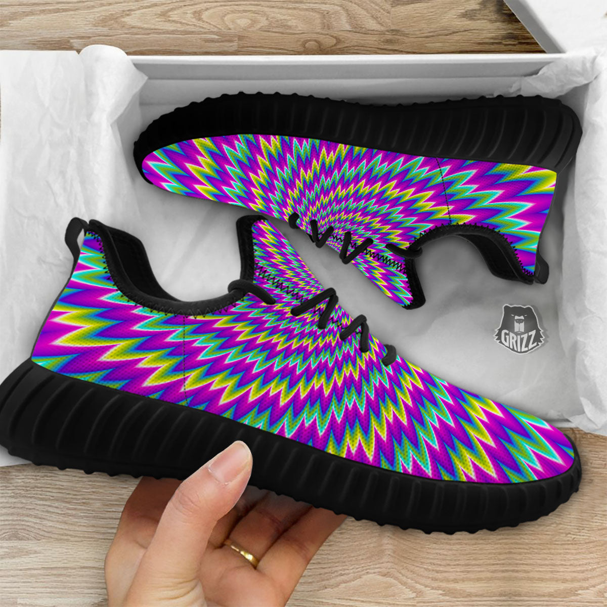 Moving Optical Illusion Abstract Spiral Black Walking Shoes-grizzshop
