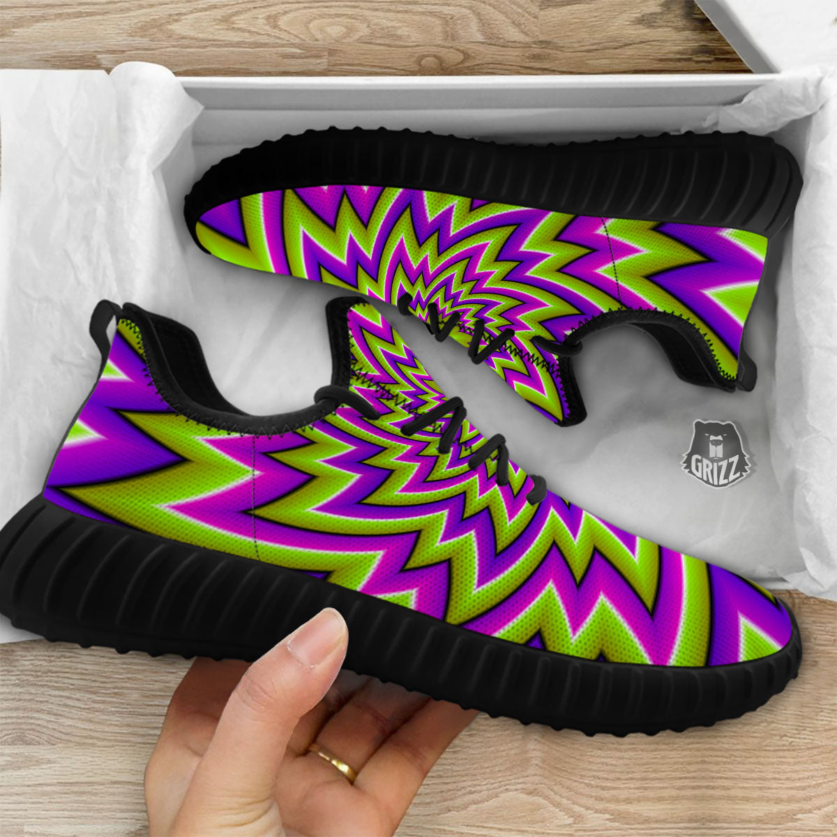Moving Optical Illusion Green Big Bang Black Walking Shoes-grizzshop