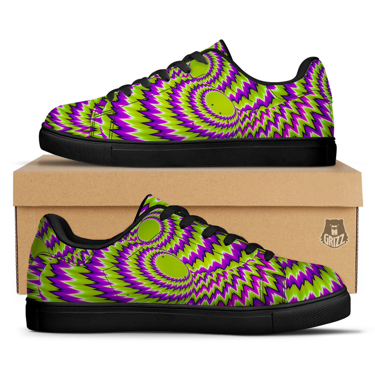 Moving Optical Illusion Green Vortex Black Low Top Sneakers-grizzshop