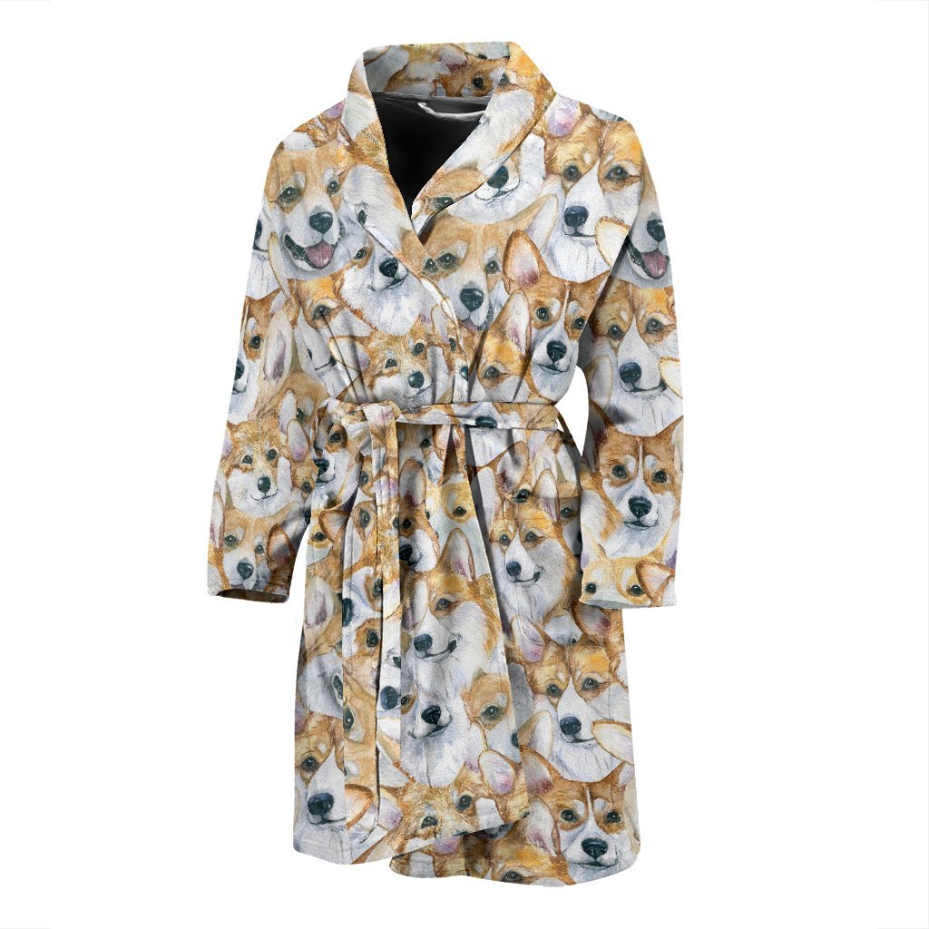 Multi Corgi Pattern Print Men Long Robe-grizzshop