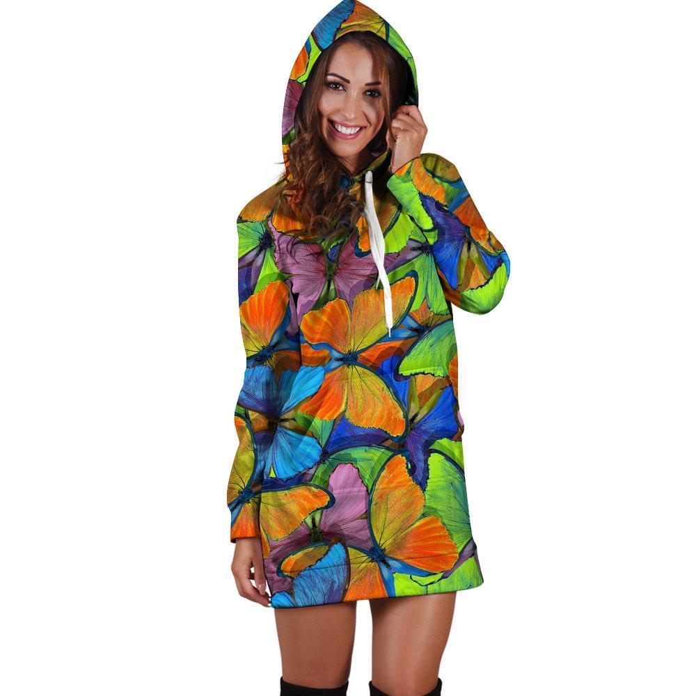 Multicolor Butterfly Print Hoodie Dress-grizzshop