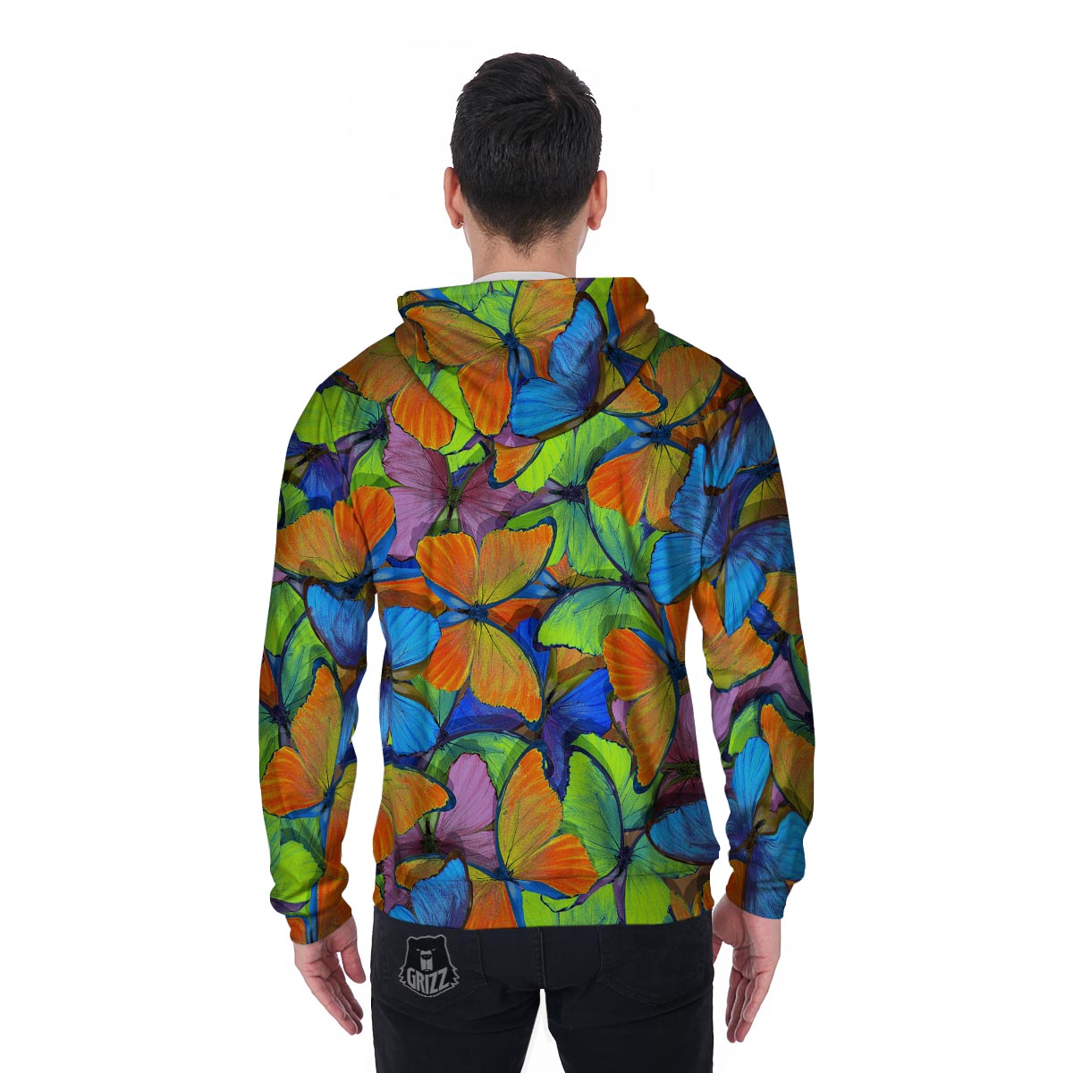 Multicolor Butterfly Print Men's Zip Up Hoodie-grizzshop