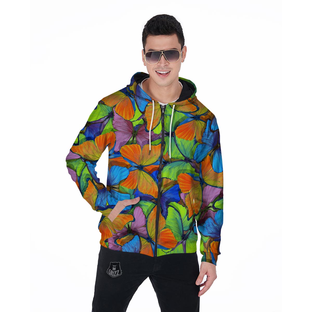 Multicolor Butterfly Print Men's Zip Up Hoodie-grizzshop