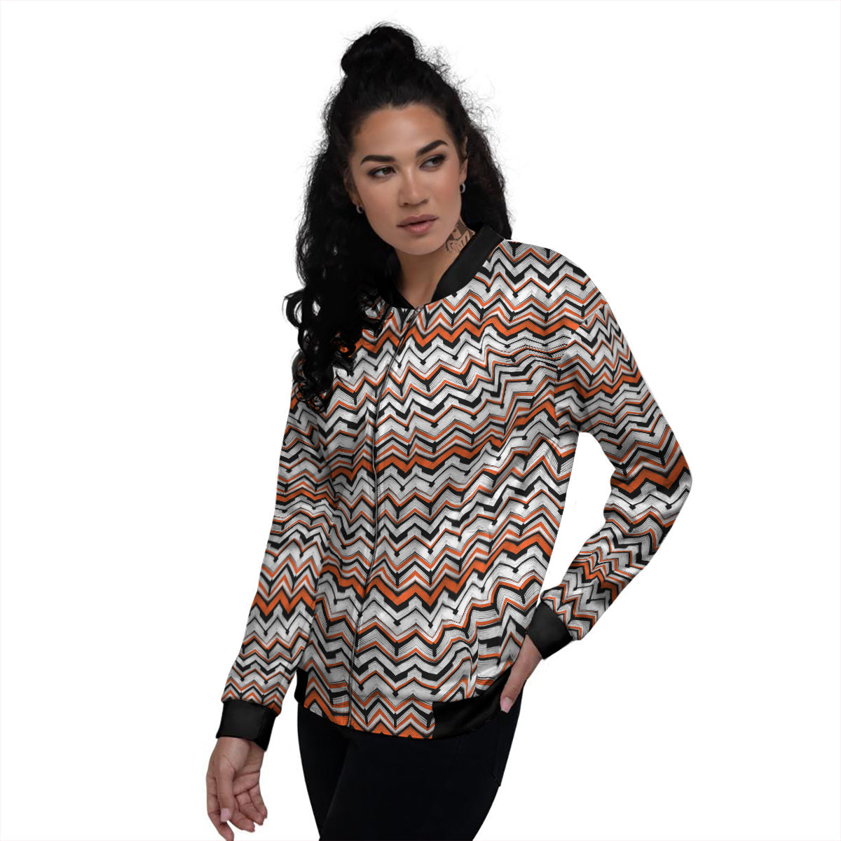 Multicolor Hand Drawn Zigzag Print Women's Bomber Jacket-grizzshop