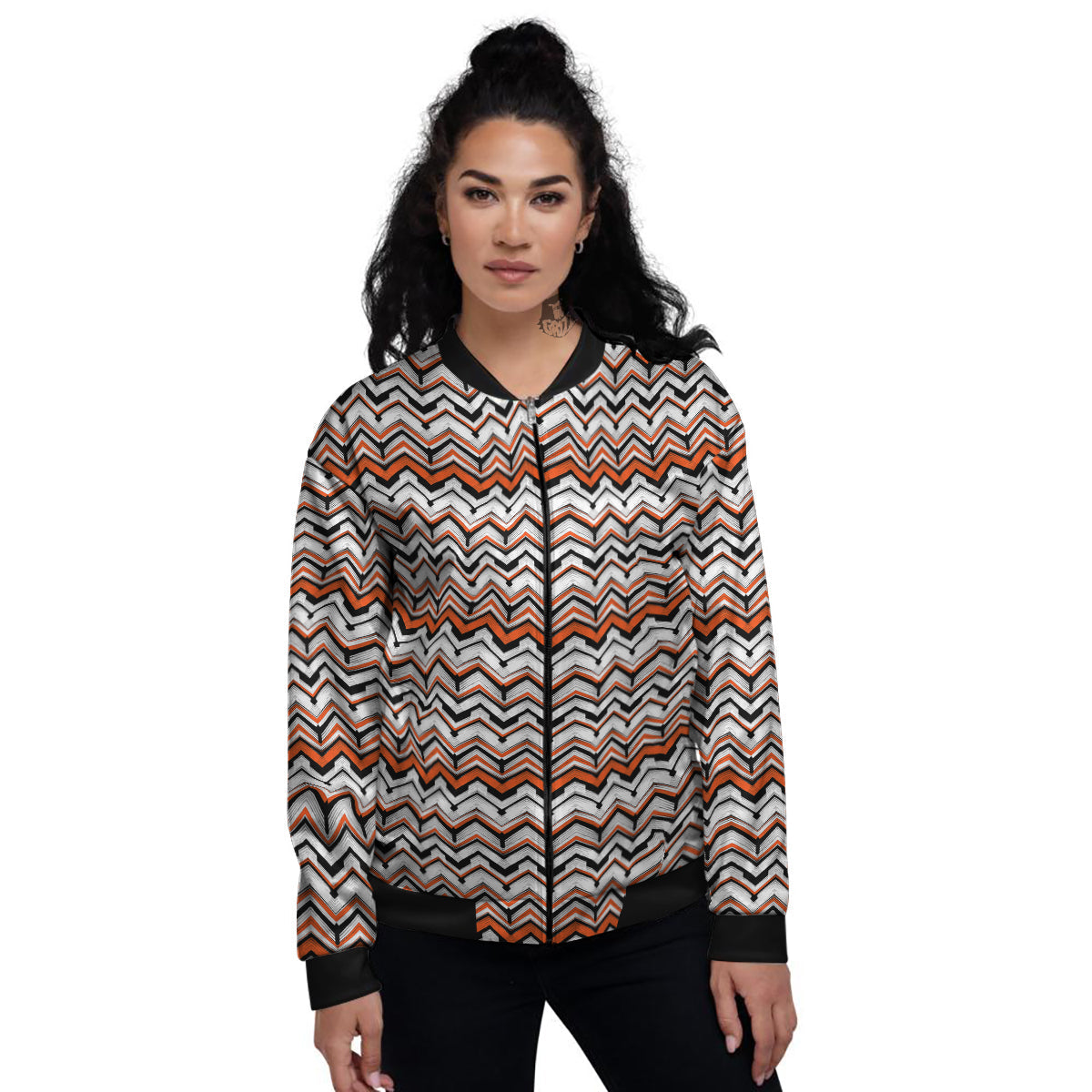 Multicolor Hand Drawn Zigzag Print Women's Bomber Jacket-grizzshop