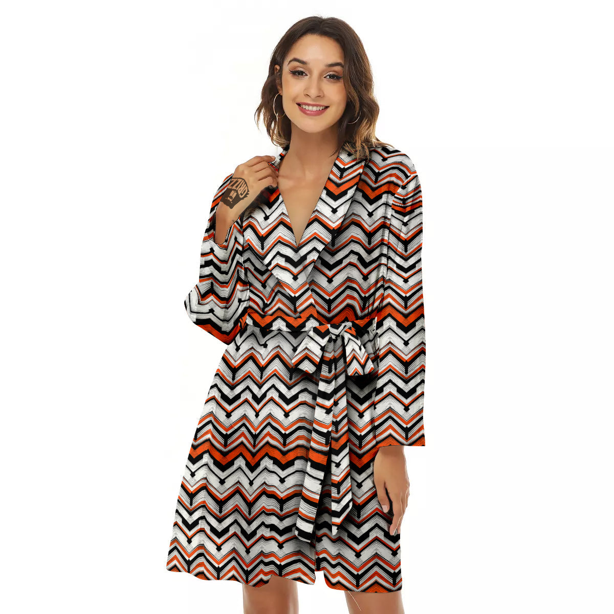 Multicolor Hand Drawn Zigzag Print Women's Robe-grizzshop