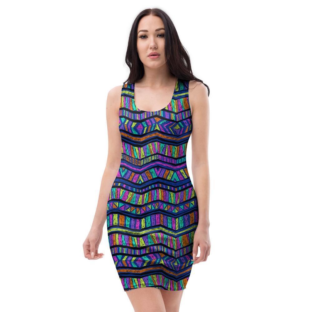 Multicolor Indian Aztec Doodle Elements Abstract Bodycon Dress-grizzshop