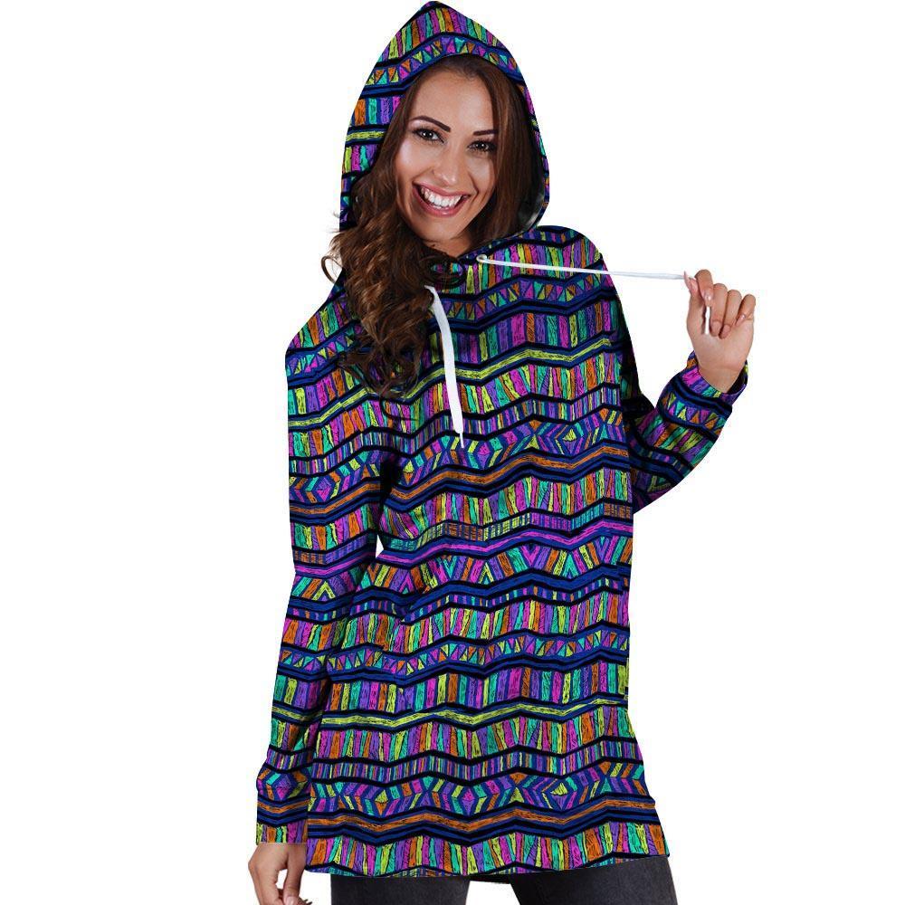 Multicolor Indian Aztec Doodle Elements Abstract Hoodie Dress-grizzshop