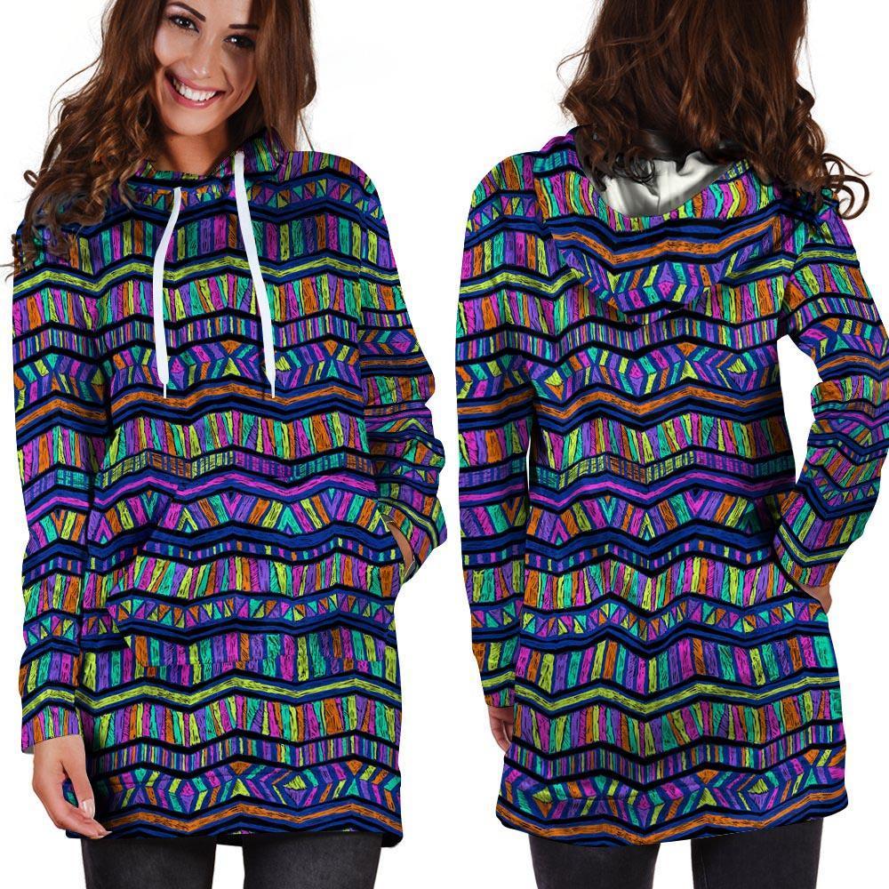 Multicolor Indian Aztec Doodle Elements Abstract Hoodie Dress-grizzshop