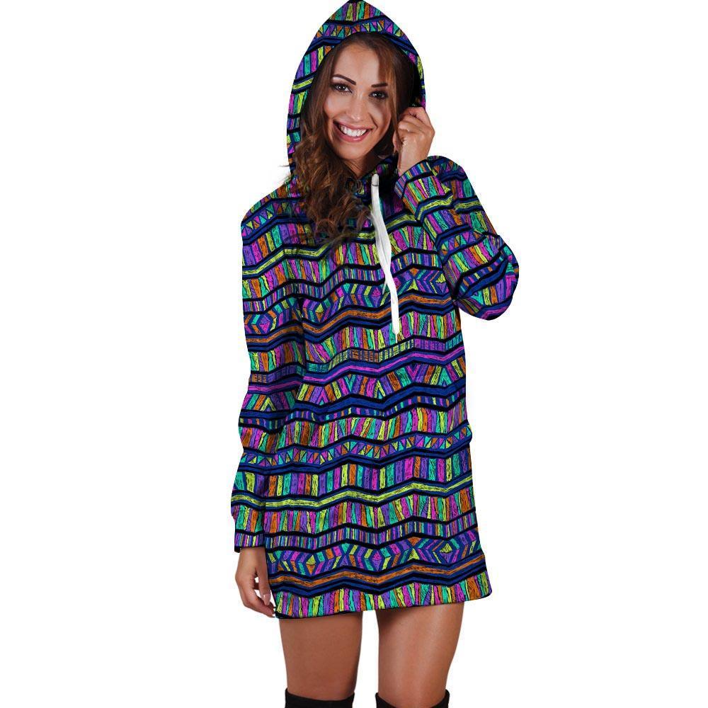 Multicolor Indian Aztec Doodle Elements Abstract Hoodie Dress-grizzshop