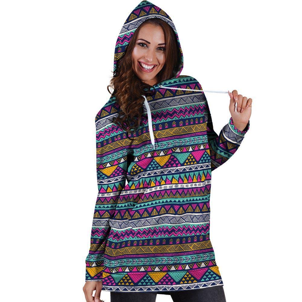 Multicolor Indian Aztec Geometric Art Hoodie Dress-grizzshop