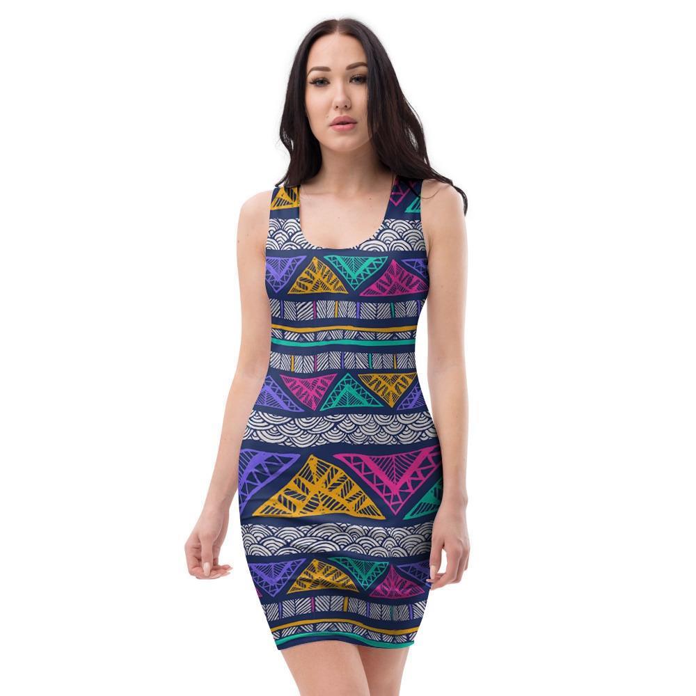 Multicolor Native Aztec Abstract Doodle Bodycon Dress-grizzshop