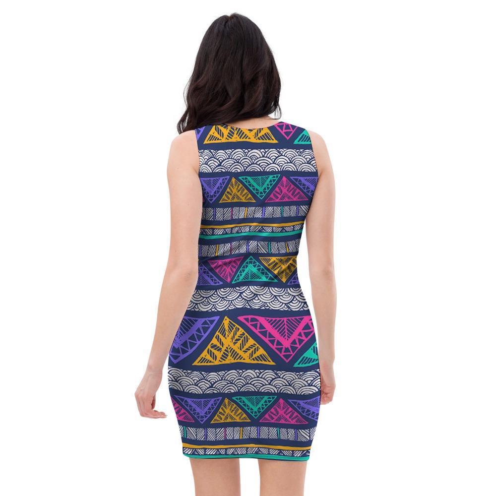 Multicolor Native Aztec Abstract Doodle Bodycon Dress-grizzshop