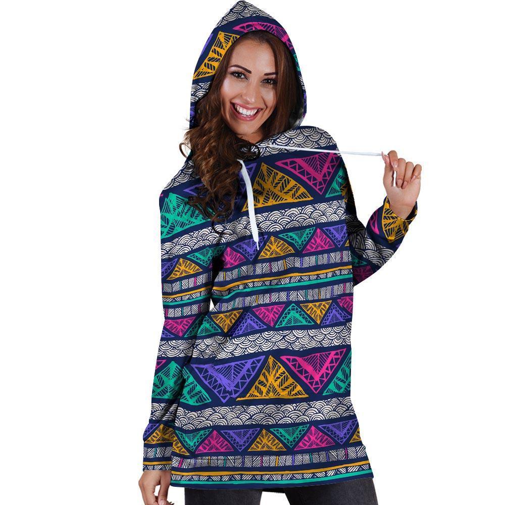 Multicolor Native Aztec Abstract Doodle Hoodie Dress-grizzshop