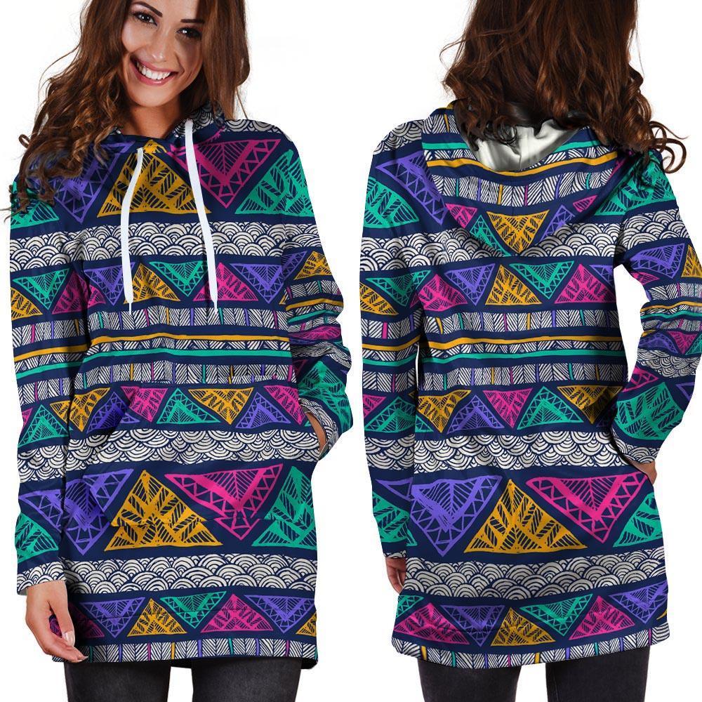 Multicolor Native Aztec Abstract Doodle Hoodie Dress-grizzshop