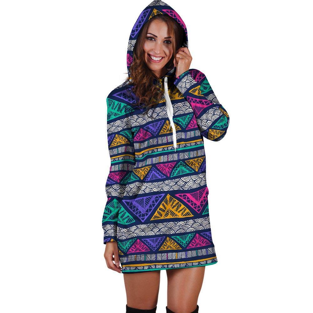 Multicolor Native Aztec Abstract Doodle Hoodie Dress-grizzshop