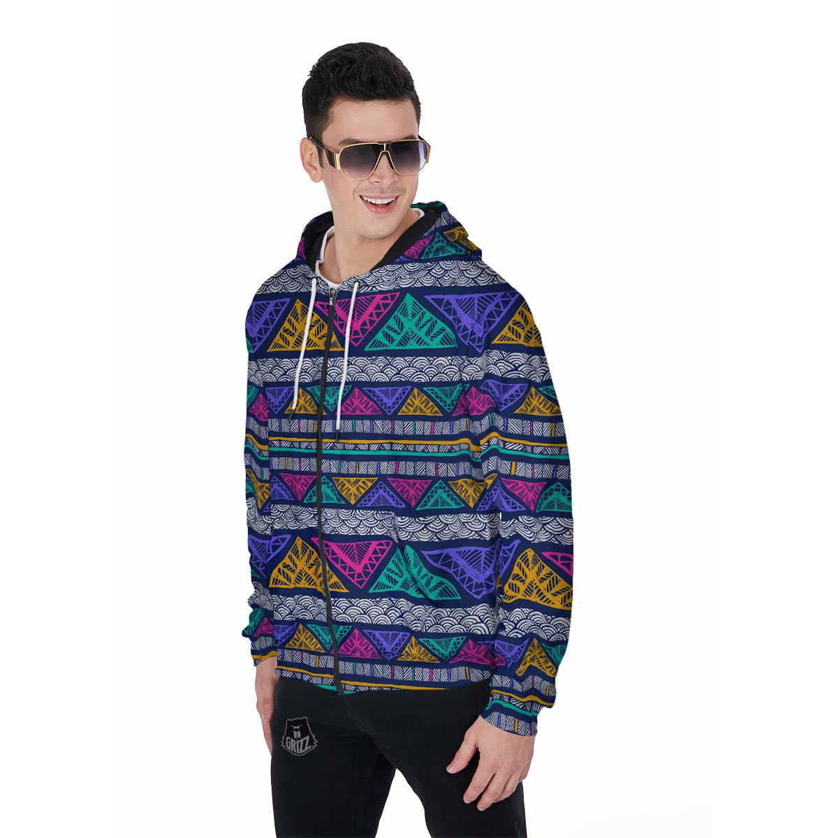 Multicolor Native Aztec Abstract Doodle Men's Zip Up Hoodie-grizzshop