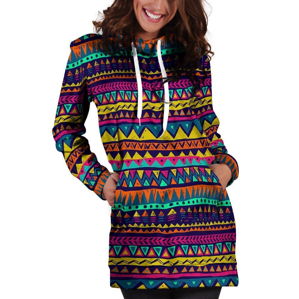 Multicolor Native Aztec Abstract Geometric Hoodie Dress-grizzshop