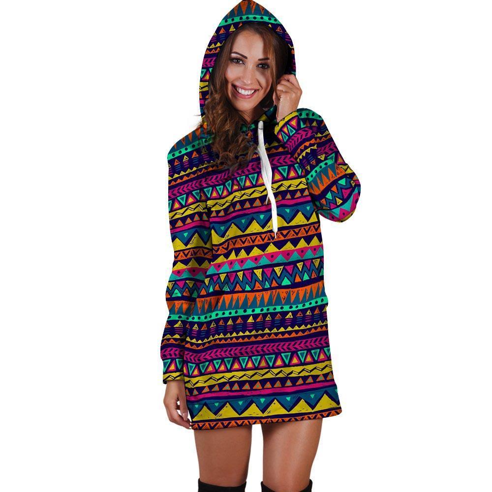 Multicolor Native Aztec Abstract Geometric Hoodie Dress-grizzshop