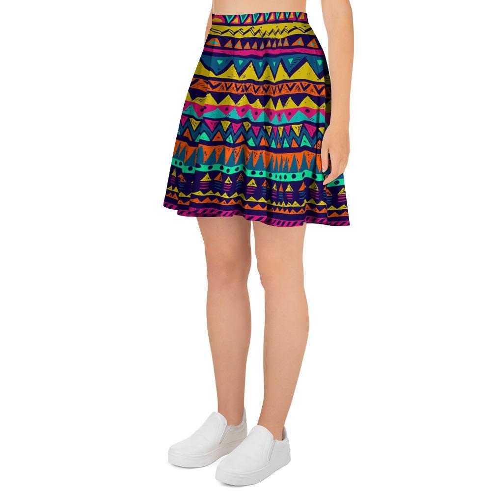 Multicolor Native Aztec Abstract Geometric Women's Skirt-grizzshop