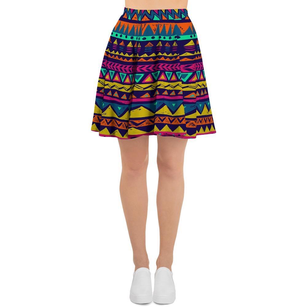 Multicolor Native Aztec Abstract Geometric Women's Skirt-grizzshop