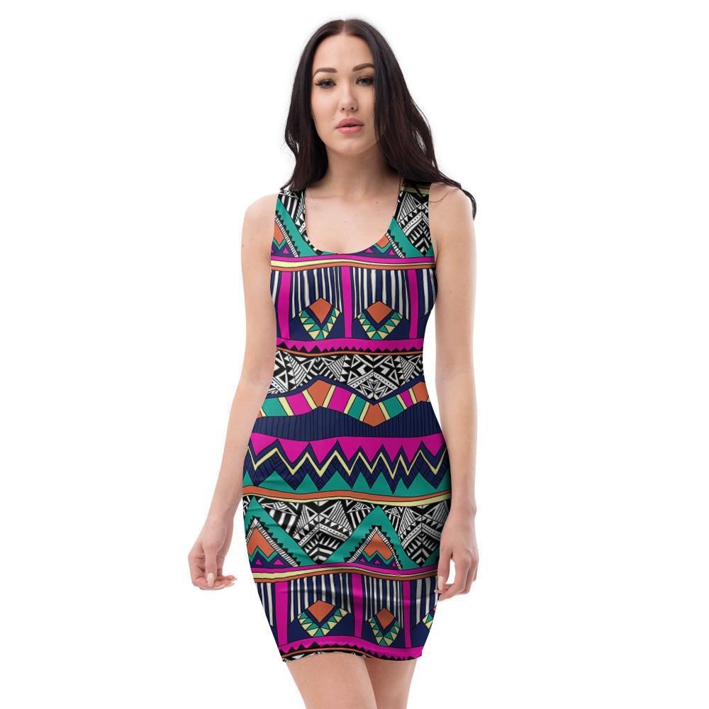 Multicolor Native Aztec Doodle Abstract Bodycon Dress-grizzshop