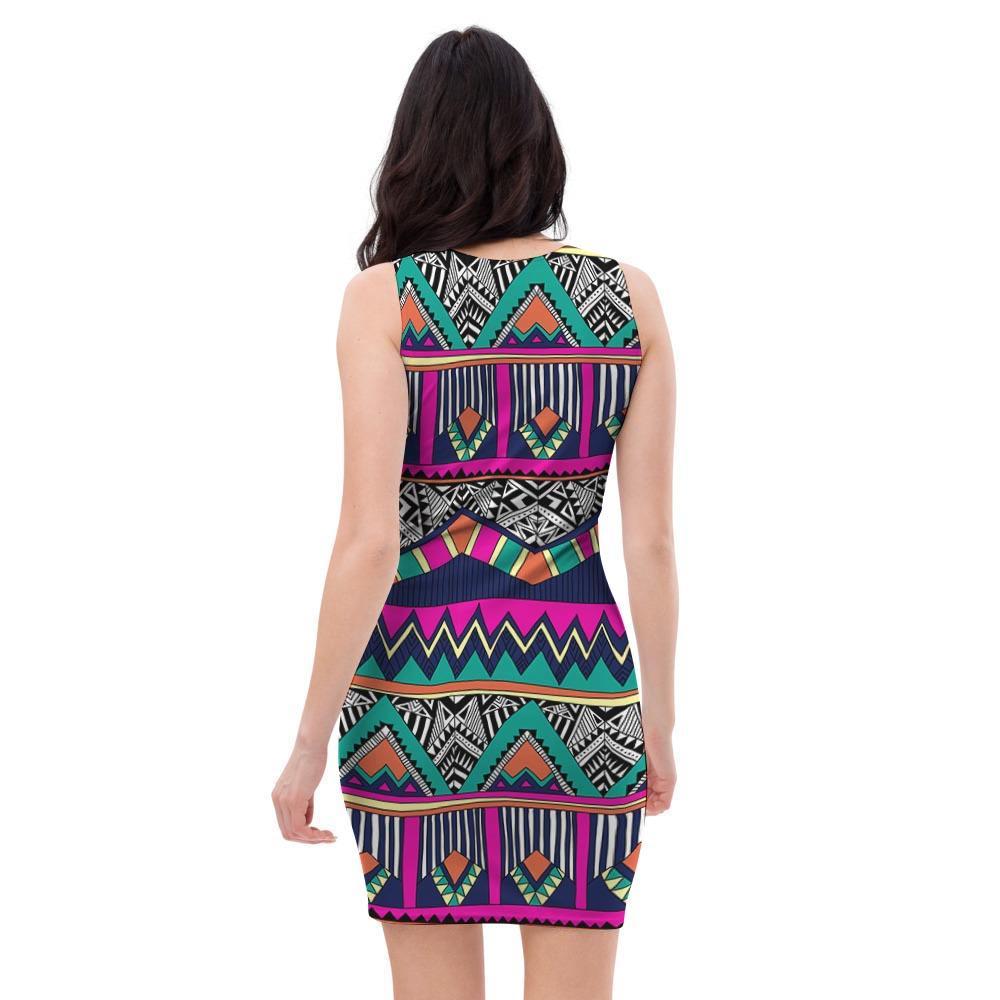 Multicolor Native Aztec Doodle Abstract Bodycon Dress-grizzshop