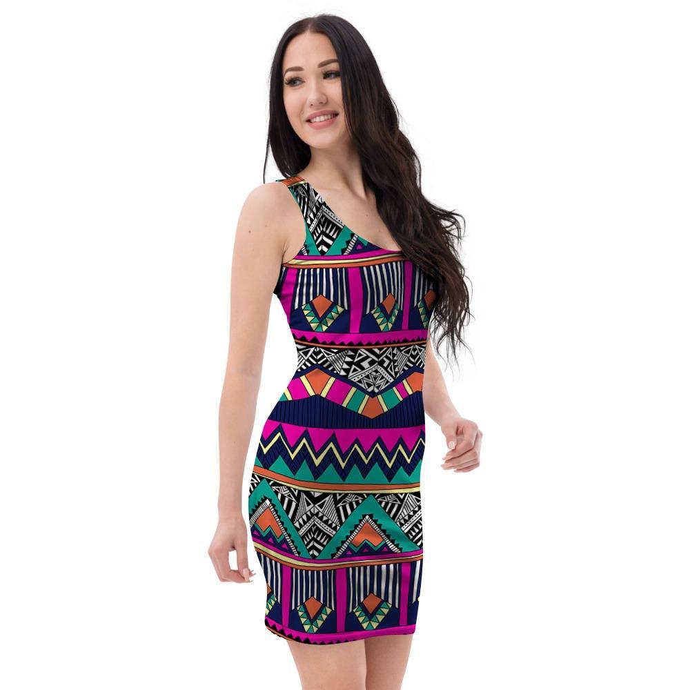 Multicolor Native Aztec Doodle Abstract Bodycon Dress-grizzshop