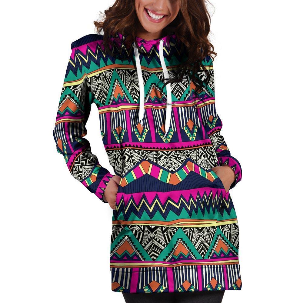 Multicolor Native Aztec Doodle Abstract Hoodie Dress-grizzshop
