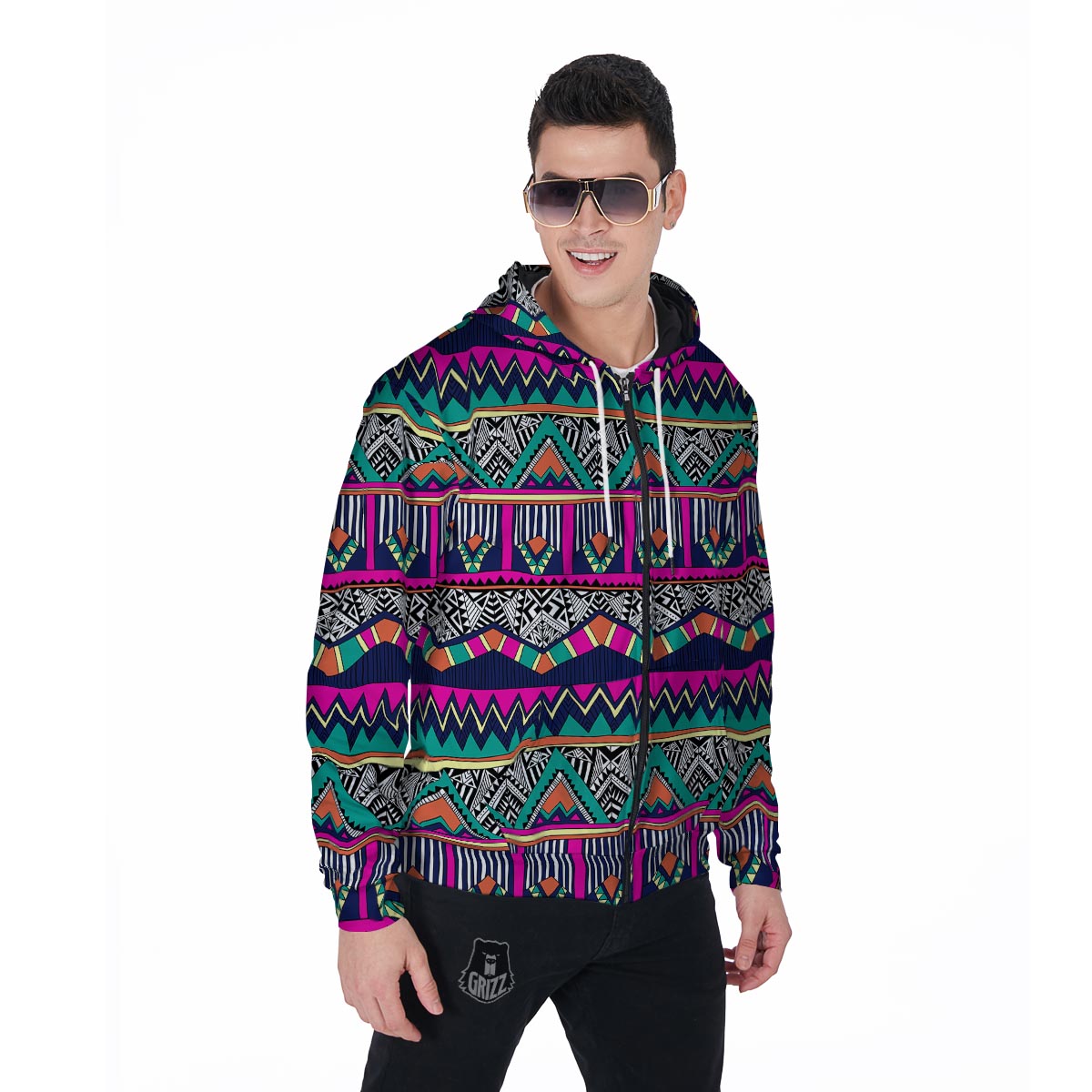 Multicolor Native Aztec Doodle Abstract Men's Zip Up Hoodie-grizzshop